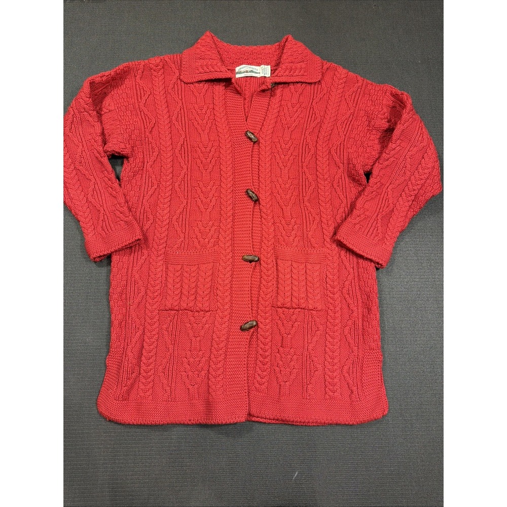 Aran Crafts Wool Cardigan Women's XXL Red Toggle Cable Knit Ireland Sweater